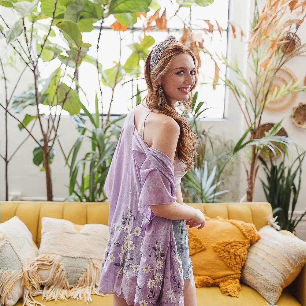 🌼🌸🌿Spring Break Swim cover-up Kimono Daisy One Size Floral Top New Purple - Picture 2 of 4